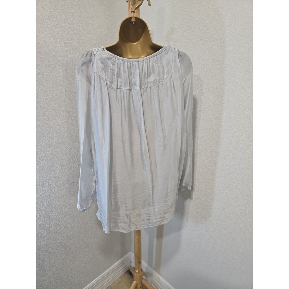 Tempo Paris Silk Blend Top Womens Oversized Small Gray Embroidered Peasant Boho - Picture 5 of 8